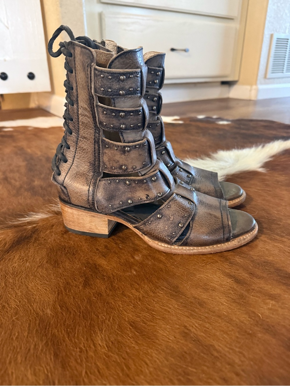 Freebird by Steven Brown Studded Lace-Up Open-Toe Boots